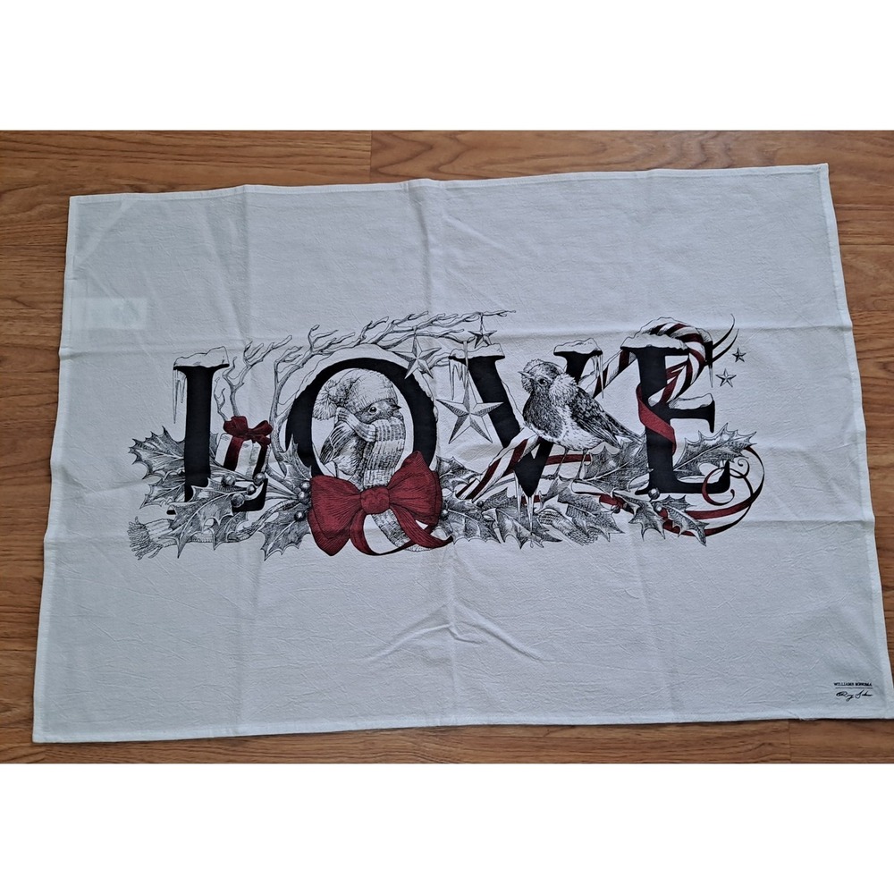 WILLIAMS SONOMA ~ DORY "LOVE" RED CHRISTMAS KITCHEN TOWEL One 20x30